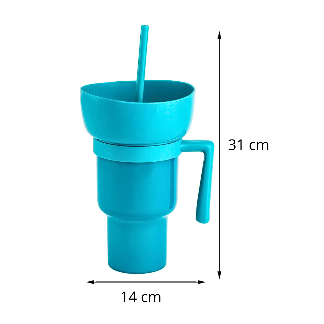 Snack2Go™ - Taza Portátil para Aperitivos y Bebidas, Taza 2 en 1 con Cuenco para Aperitivos en la Parte Superior y Cañita, Ideal para Palomitas de Maíz, Aperitivos y Bebidas