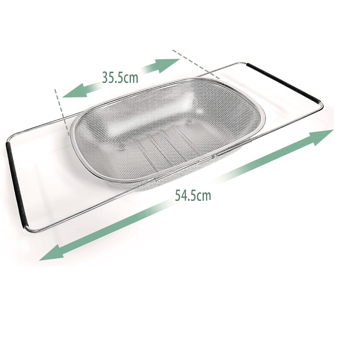 RetractaDrain™ - Cesta de Drenaje Retráctil de Acero Inoxidable con Mango Reforzado para Lavado de Alimentos