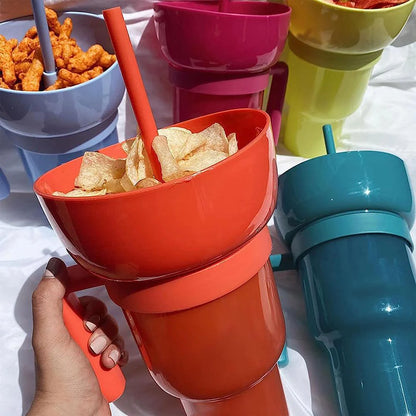 Snack2Go™ - Taza Portátil para Aperitivos y Bebidas, Taza 2 en 1 con Cuenco para Aperitivos en la Parte Superior y Cañita, Ideal para Palomitas de Maíz, Aperitivos y Bebidas