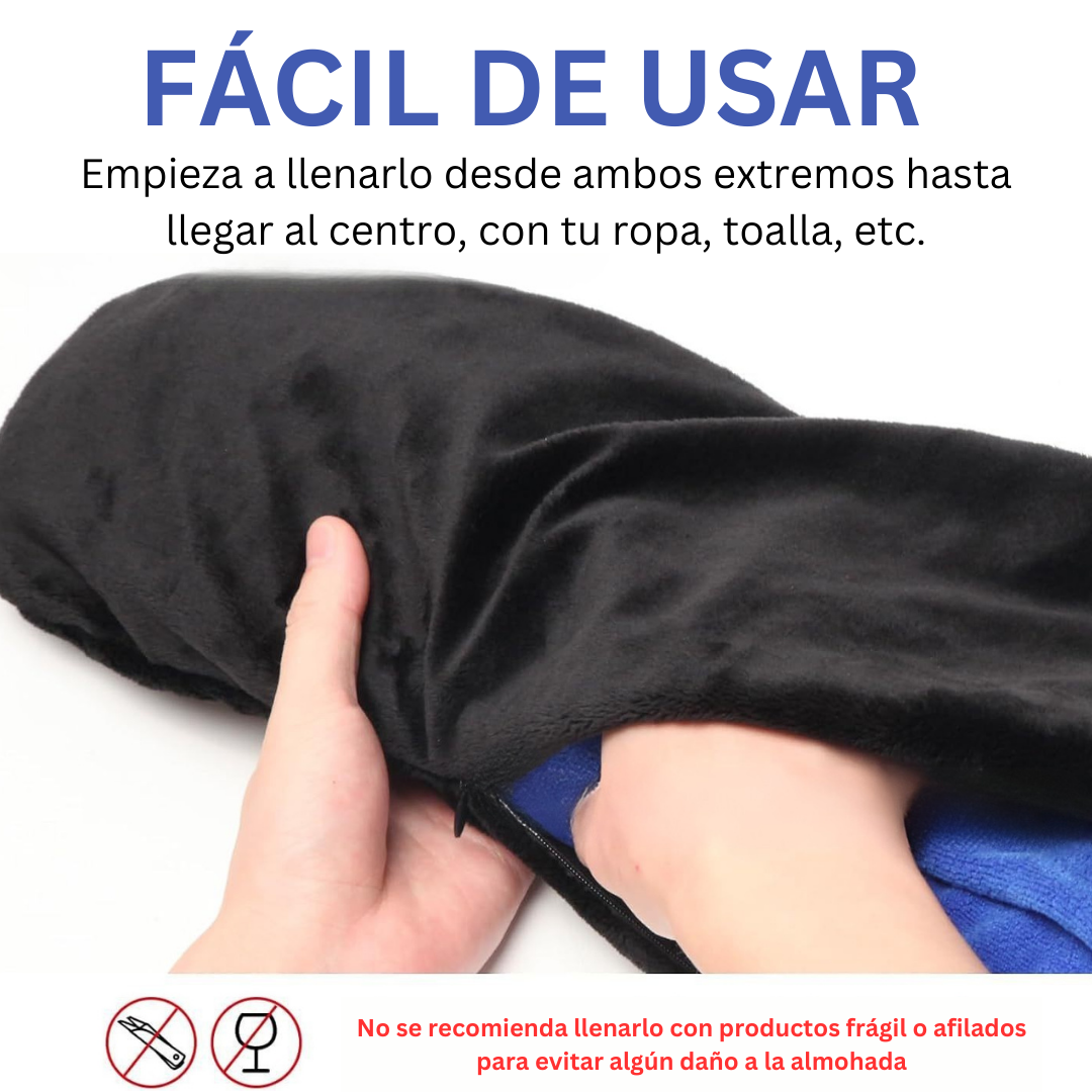 FlexiNap™-Almohada de viaje ergonómica de felpa azul, rellenable con ropa para mayor comodidad y practicidad.