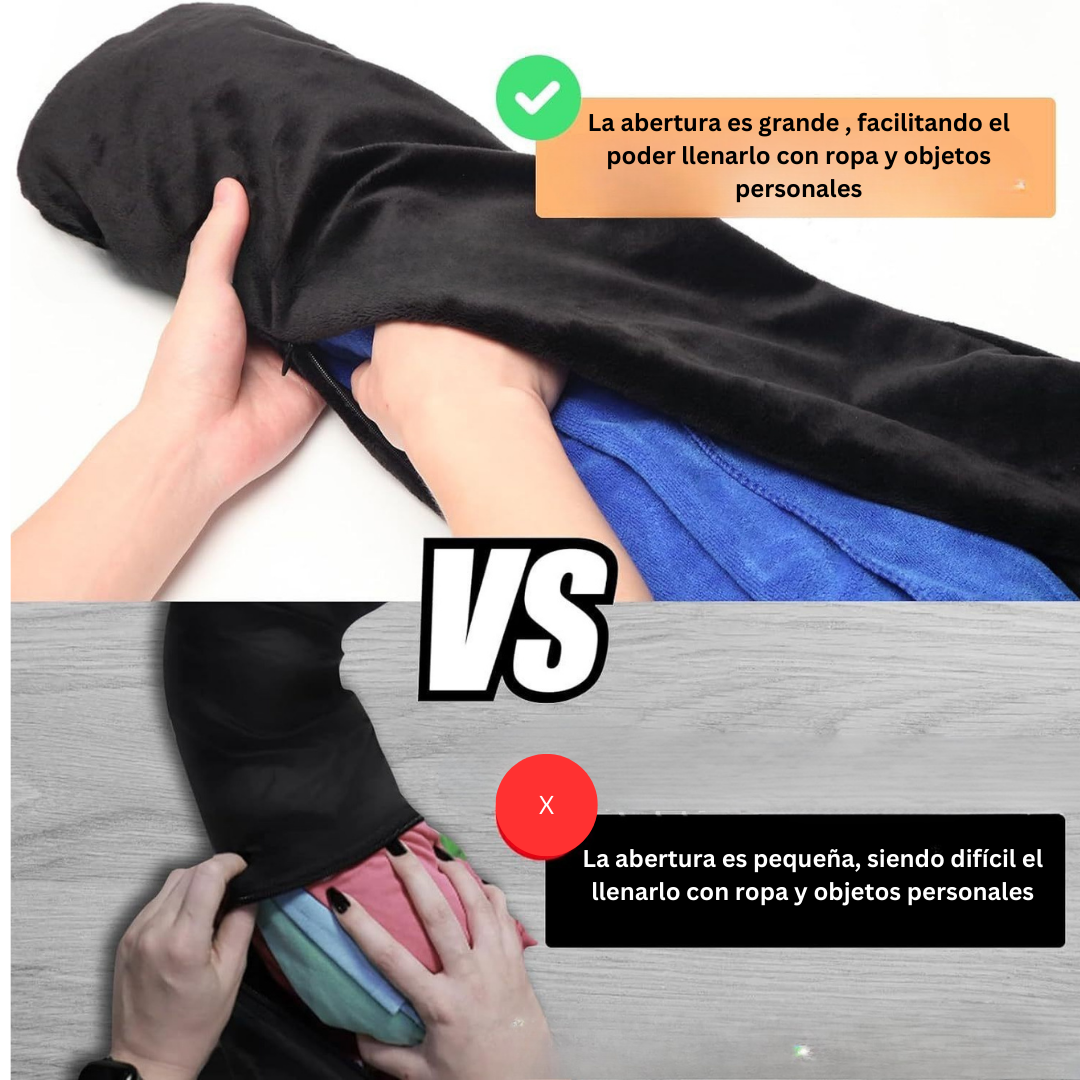 FlexiNap™-Almohada de viaje ergonómica de felpa azul, rellenable con ropa para mayor comodidad y practicidad.