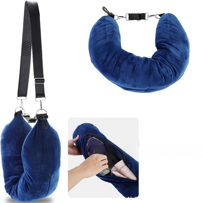 FlexiNap™-Almohada de viaje ergonómica de felpa azul, rellenable con ropa para mayor comodidad y practicidad.